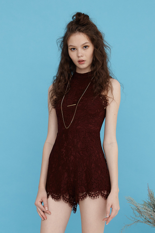 Scallop Eyelash lace playsuit in Wine