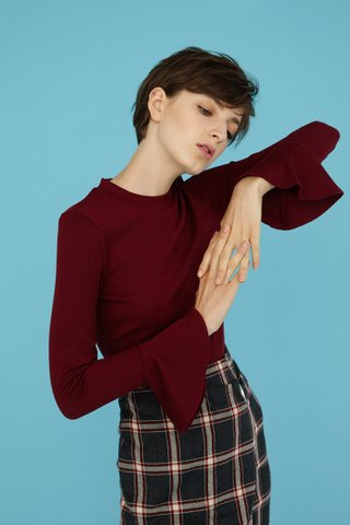 JOIE Ribbed Flare Long Sleeve Top in Wine Red