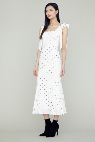 LOVER Shoulder Ribboned Fishtail Maxi Dress in white polkadot 
