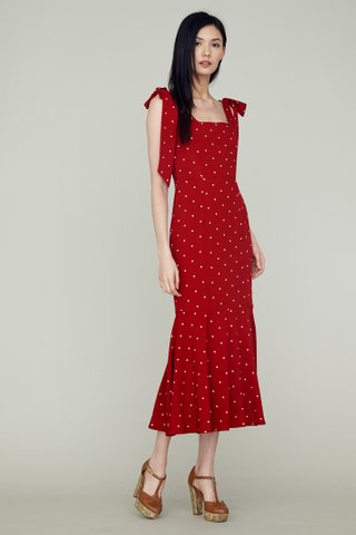 LOVER Shoulder Ribboned Fishtail Maxi Dress in red polkadot 