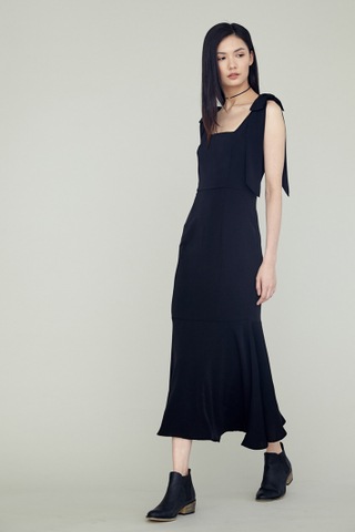 LOVER Shoulder Ribboned Fishtail Maxi Dress in Black