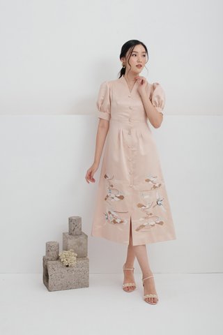 Ru Yi puffy sleeves embroidered dress in Champagne nude
