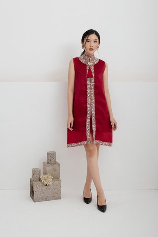 Ping An Embroidered A-line Dress in Wine 