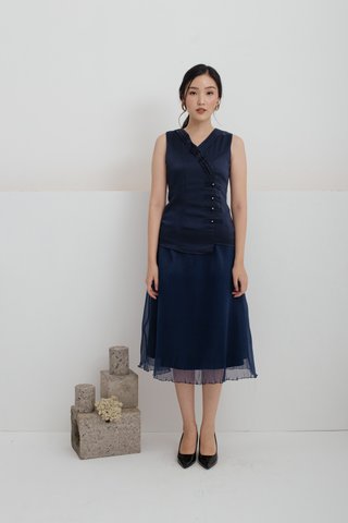 Huan Xi Vest and Pleated Skirt Set In Navy Blue